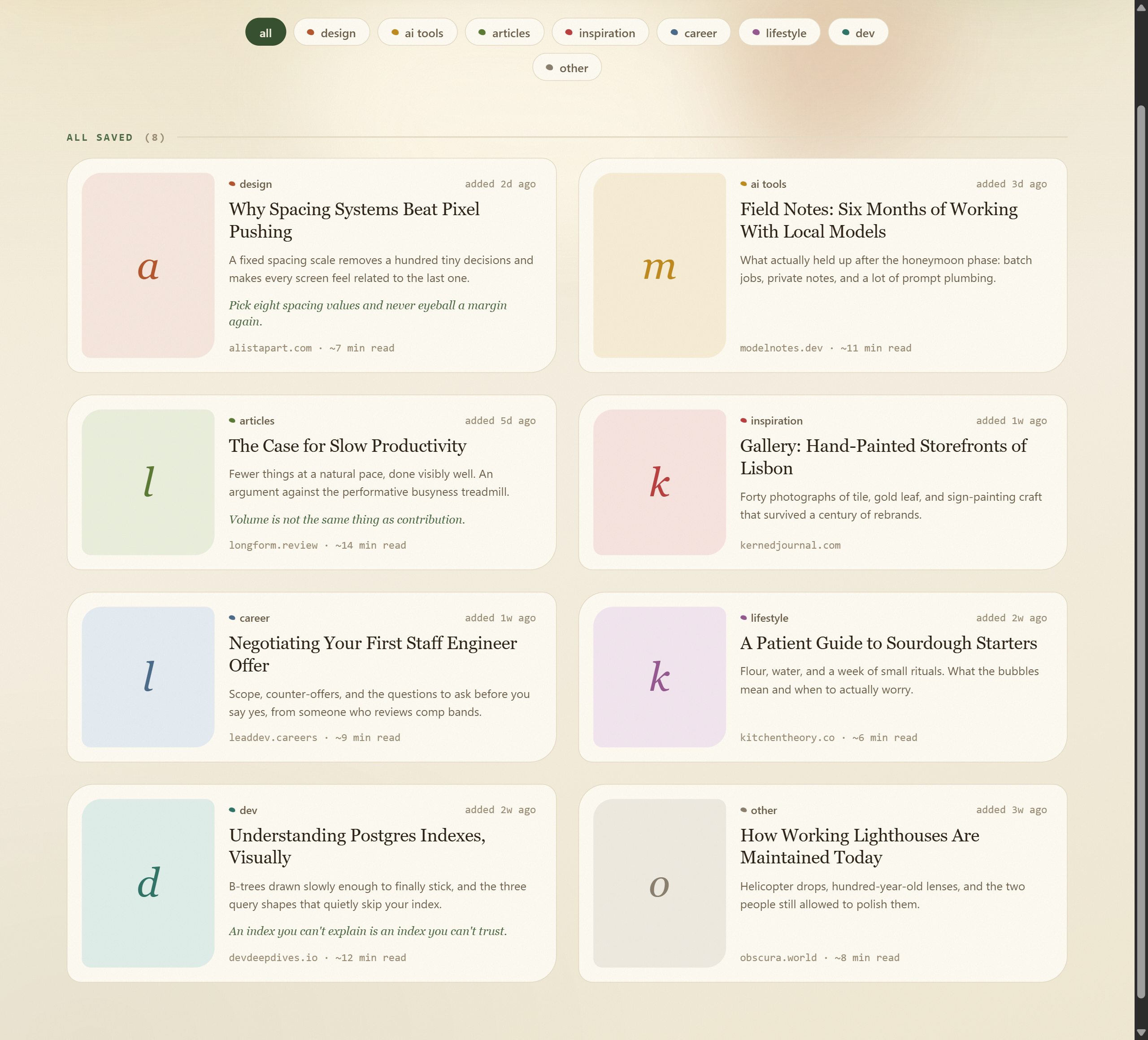 The Kernel library: saved links distilled into cards across eight categories